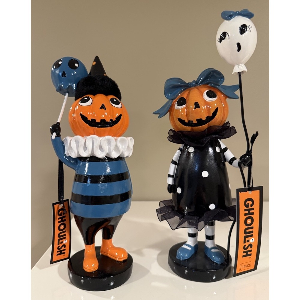Ghoulish Retro Halloween Pumpkin Head Boy Girl Figurine Set Blue Black
